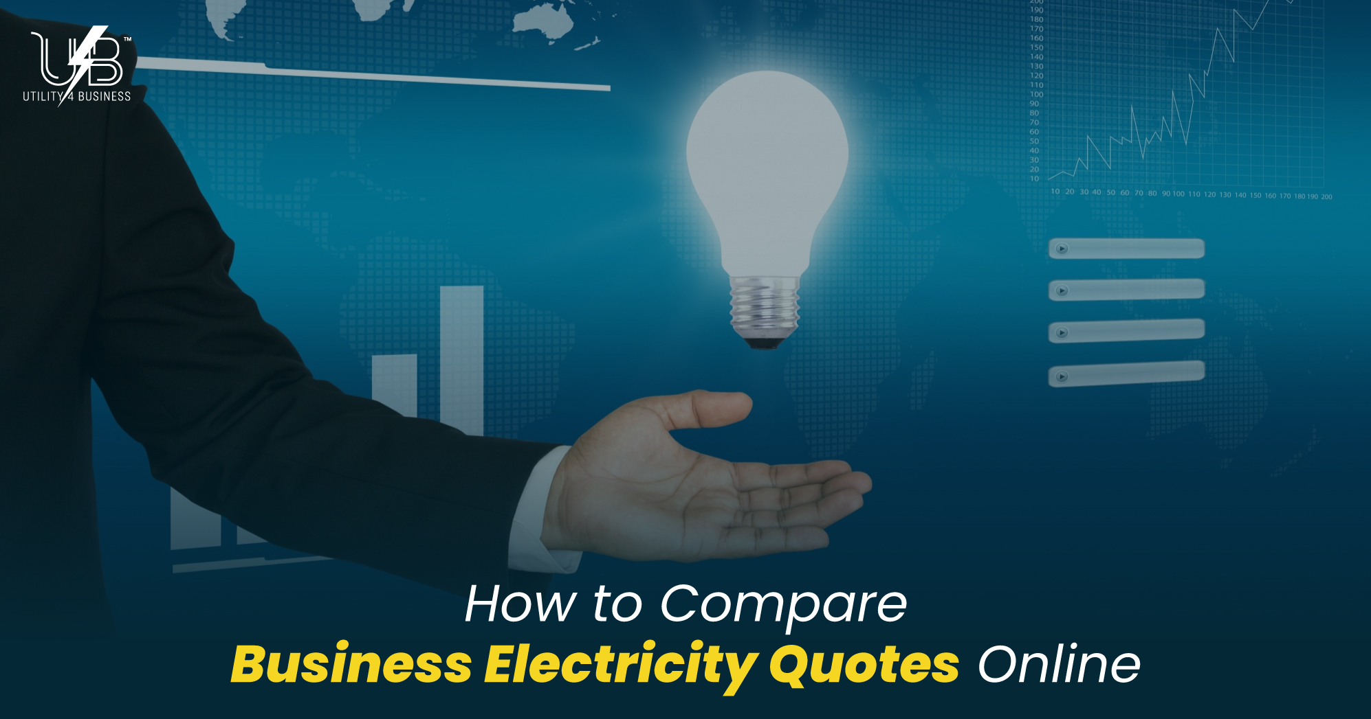 A businessperson uses Utility4Business to compare business electricity quotes online, shown by a lightbulb over data charts.